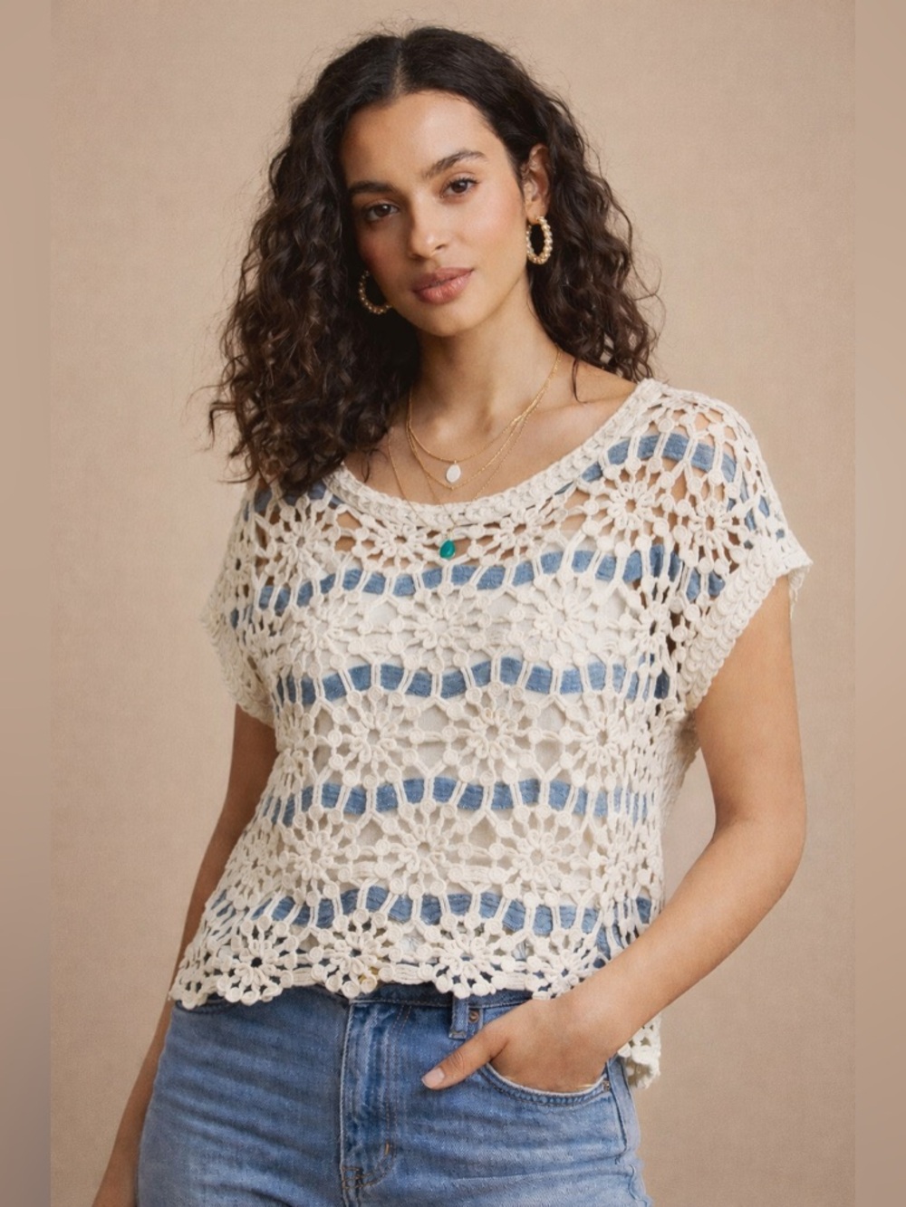 Solitaire Crochet Lace Top Cream Open Knit Boho Coastal Blouse